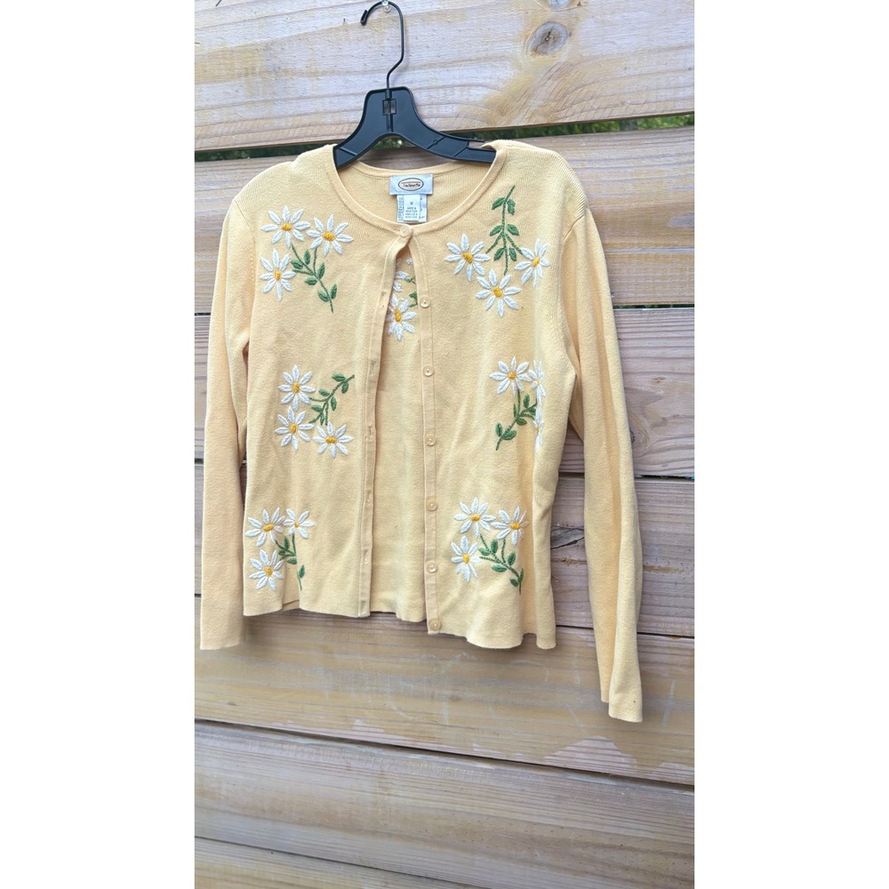 Talbots Yellow Cotton Daisy Embroidered Button Front Cardigan Sweater Womens M - Picture 2 of 6